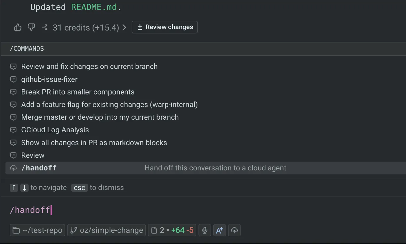 The slash command menu showing the handoff command in Warp.